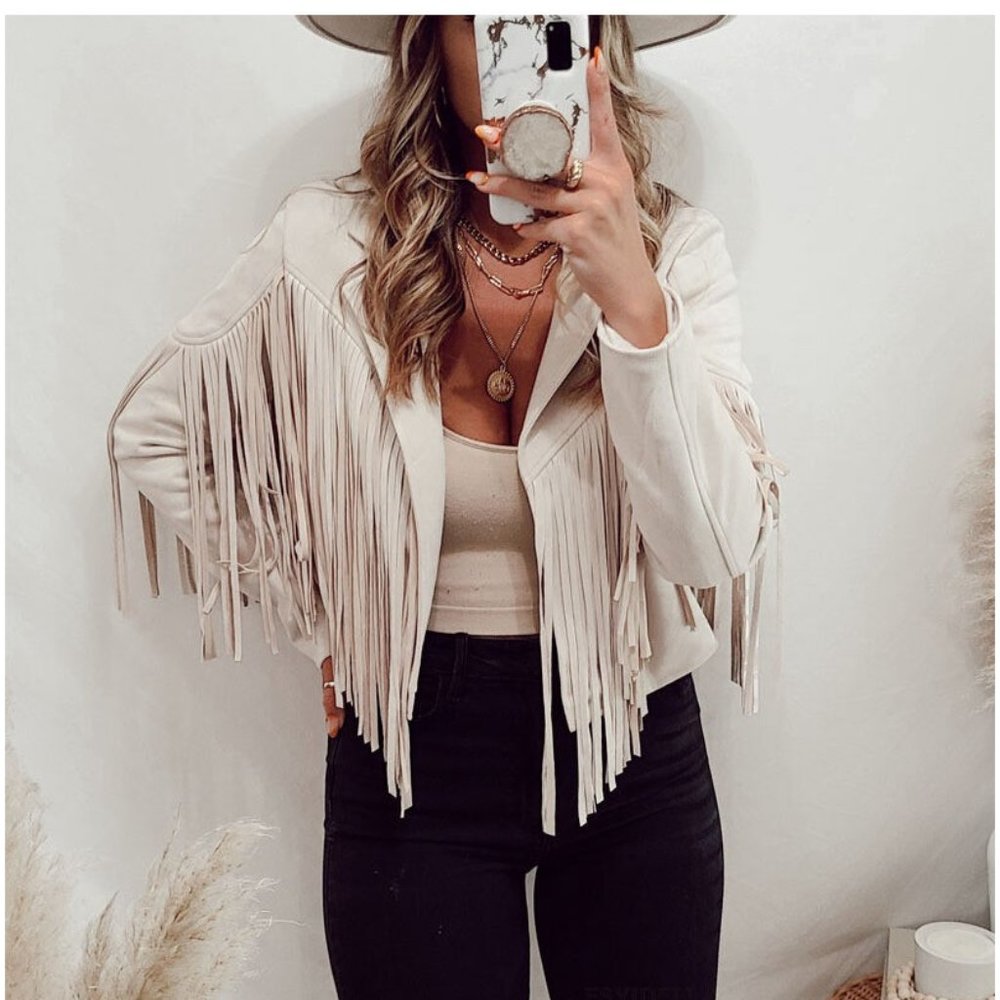 Sand Vegan Faux Suede Fringe Cropped Boho Western Moto Jacket Top Walford